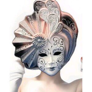 Venetian Mardi Gras Style Pink Purple Geisha Mask Wall Sculpture Decor Vintage